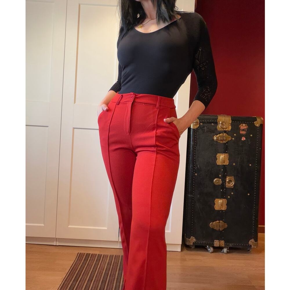 rust red fitted trousers work pants with front seams